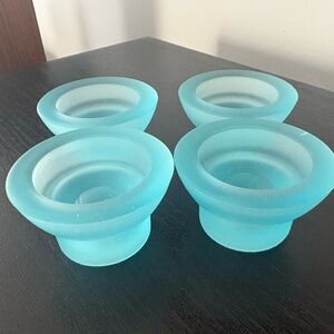 Set of Four Vintage Blue Frosted Glass Taper Or Tealight Holders, New!